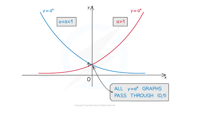 <p><strong>all pass through (0,1)</strong> - bc anything to the power of 0 is 1</p><p><strong>asymptote </strong>at <strong>x-axis </strong>(y will never = 0)</p>