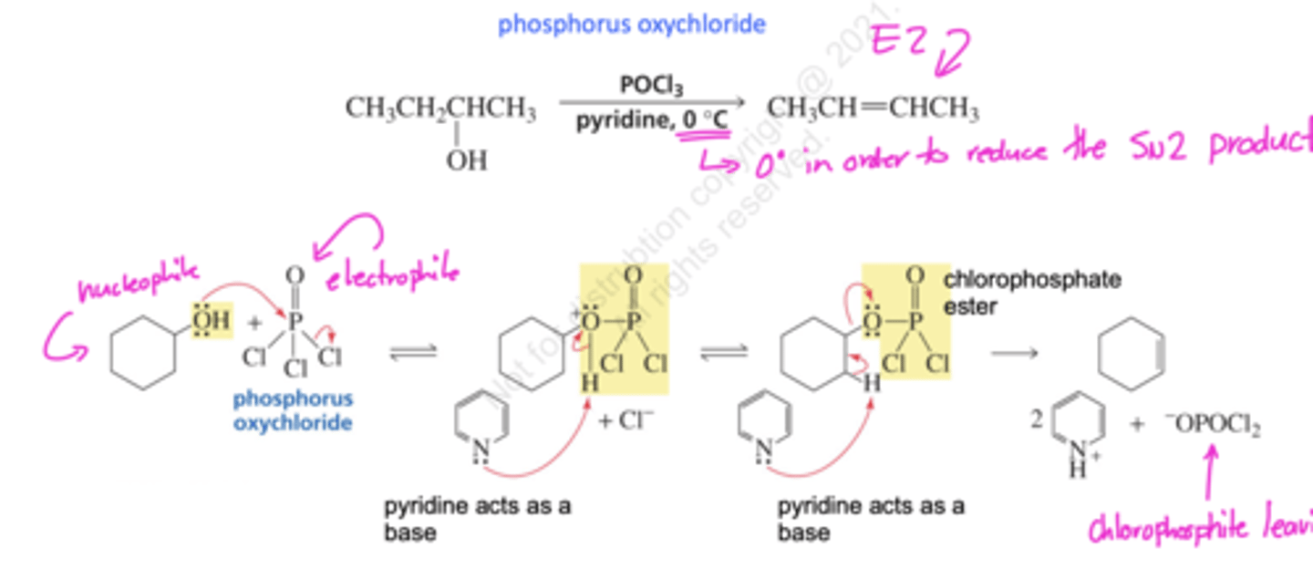 <p>forms an alkene via a E2 mechanism</p>