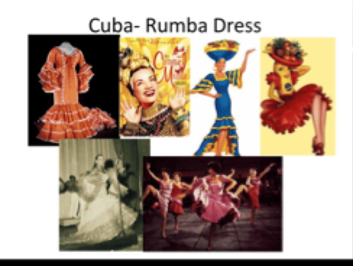 <p>- Traditional Cuban Rumba costume</p><p>- Long gown with fitted bodice and</p><p>hip-sitting skirt</p><p>- Multiple ruffled flounces for</p><p>movement</p><p>- Reflects Cuban culture and identity</p><p>- Made of lightweight fabrics (chiffon, silk, satin)</p>