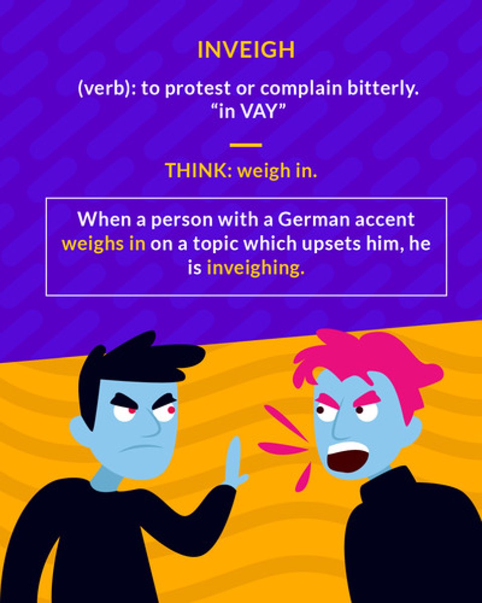 <p>(v.) to make a violent attack in words, express strong disapproval</p><p>(verb) to protest bitterly</p>