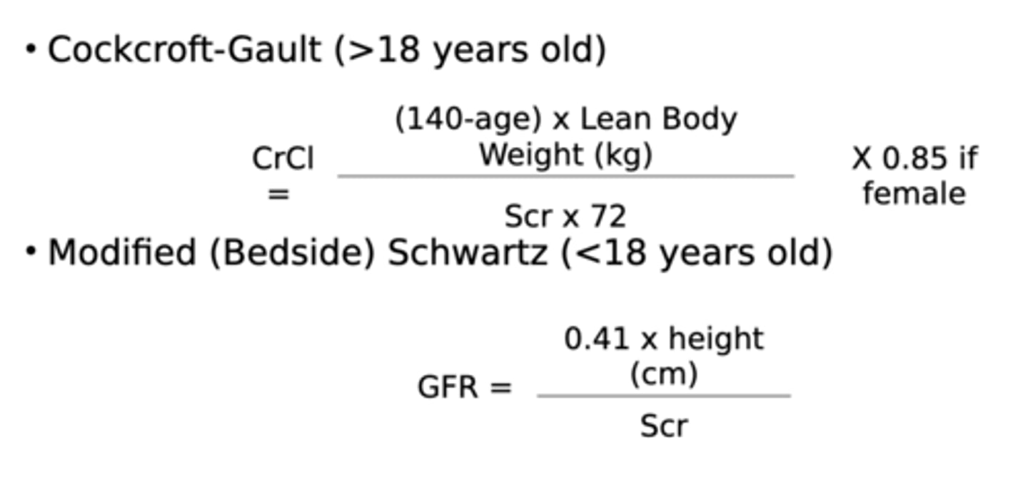 <p>-Cockcroft-Gault (>18 yo)</p><p>-Modified (Bedside) Schwartz (<18 yo)</p><p>*our pt is 23</p>