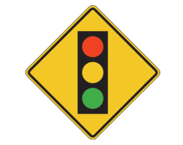 <p>This sign means: </p><p>a) Traffic signal ahead - prepare to speed up</p><p>b) Flashing amber light ahead - proceed with caution </p><p>c) Traffic signal ahead - (the light may be red) </p>