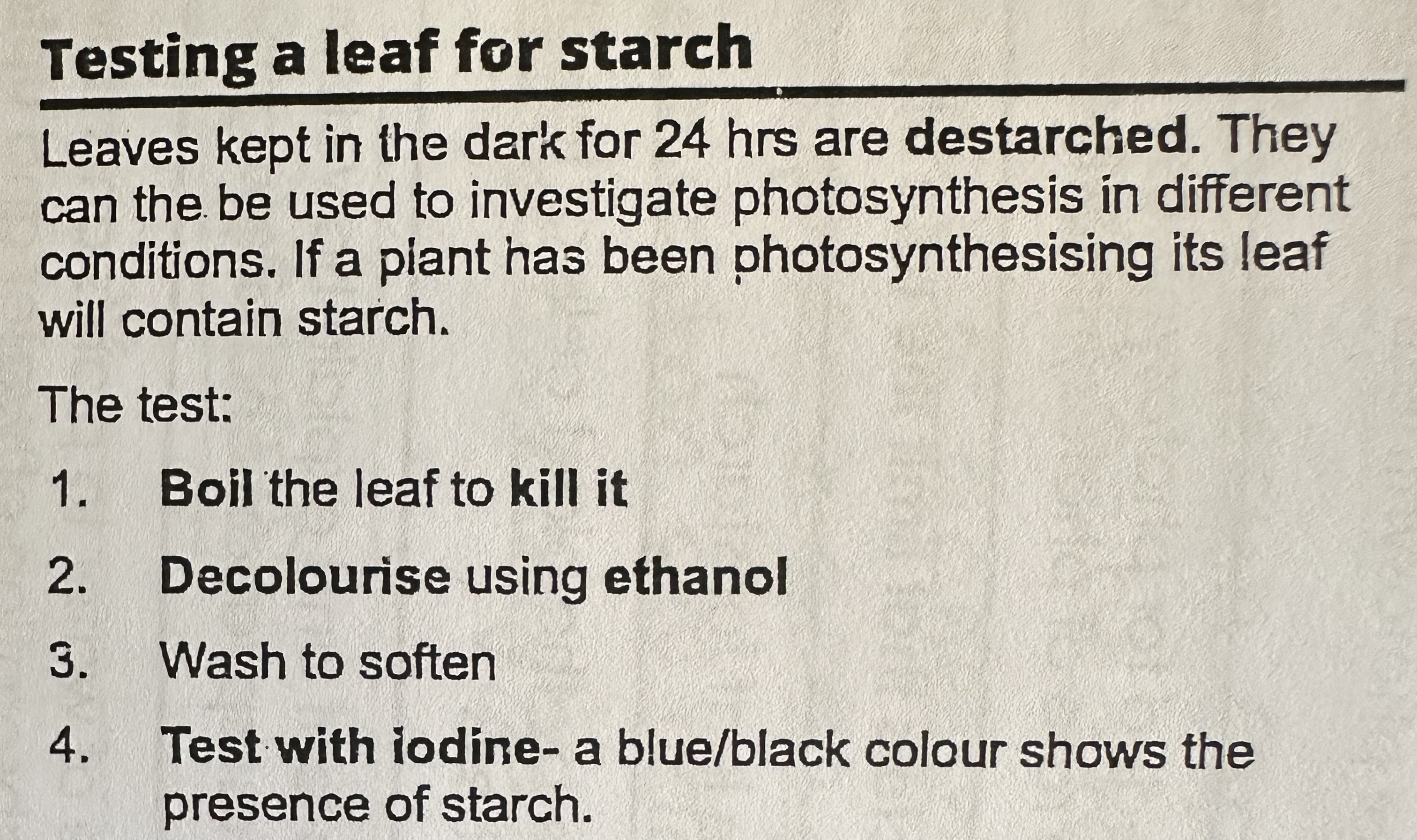 <p>Leaves kept in the dark for 24 hrs are destarched. They can the be used to investigate photosynthesis in different conditions. If a plant has been photosynthesising its leaf will contain starch.</p><p>The test:</p><p>1. Boil the leaf to kill it</p><p>2. Decolorise using ethanol</p><p>3. Wash to soften</p><p>4. Test with iodine- a blue/black colour shows the presence of starch.</p>