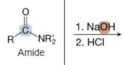 <p>What is the product of the reaction between an amide and NaOH (1st step) and HCl (2nd step)?</p>