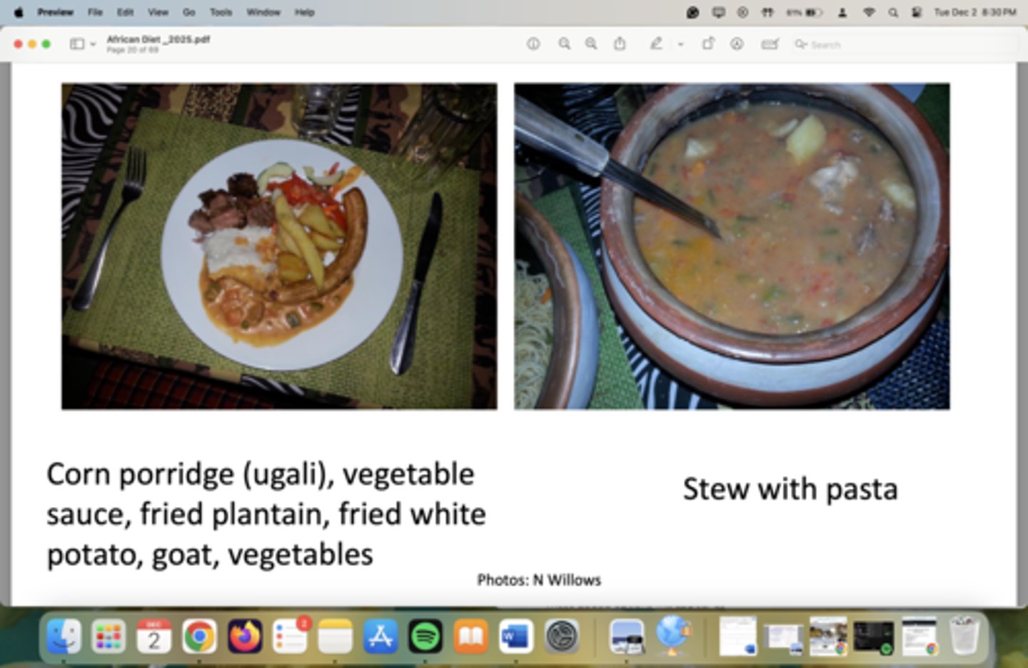<p>Corn porridge (ugali), vegetable</p><p>sauce, fried plantain, fried white</p><p>potato, goat, vegetables</p><p>Stew with pasta</p>