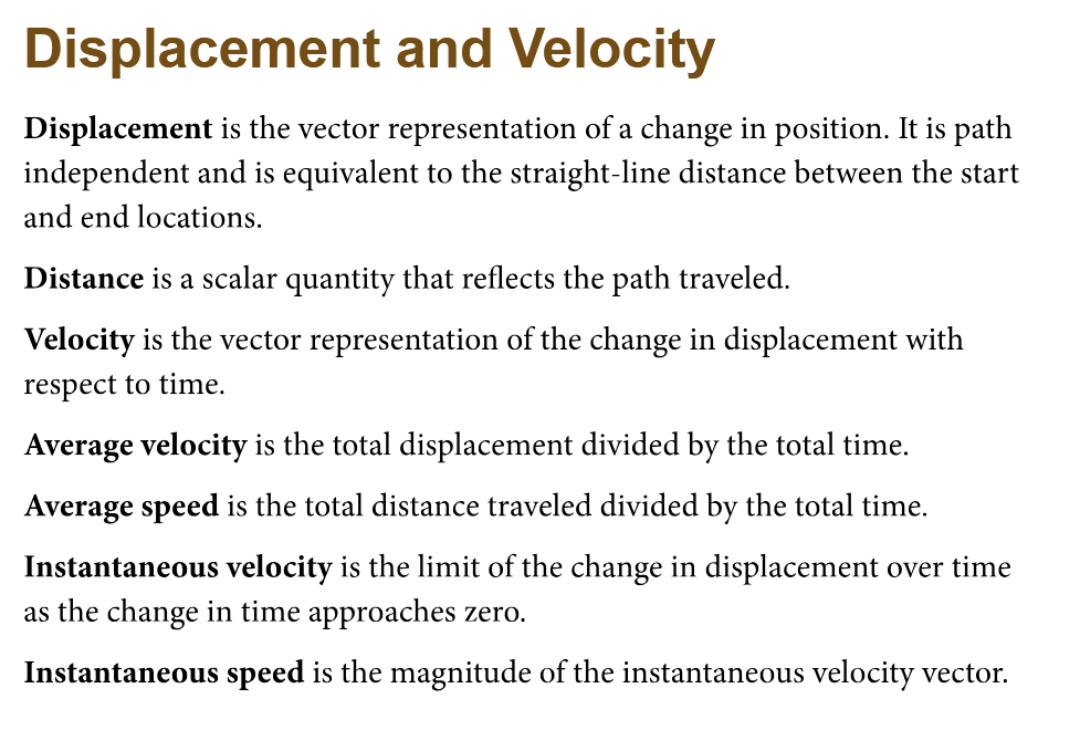 <p>-Displacement<br>-Distance<br>-Velocity<br>-Average velocity<br>-Average speed<br>-Instantaneous velocity<br>-Instantaneous speed<br>-Right-hand rule<br>-Resultant<br>-Tip to tail<br>-Components</p>