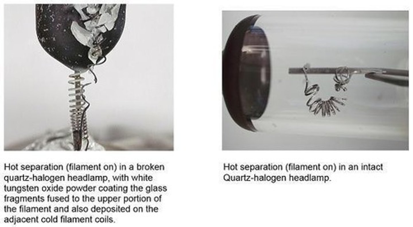 <p>When the filament breaks in a vacuum and is exposed to oxygen, it forms oxides that can be analyzed</p><p>- used on headlights</p>
