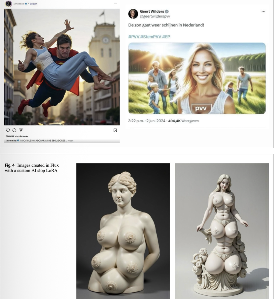 <p><span><span>Contemporary right adopts different aesthetics</span></span></p><ul><li><p><span><span>Interesting conceptions of the nation as a women —> combining new AI technologies with traditional gender roles</span></span></p><ul><li><p><span><span>Milei AI image: no monumentalism</span></span></p></li><li><p><span><span>PVV ai image: unsettling element (Rosenbaum)</span></span></p></li></ul></li></ul><p></p><p></p>