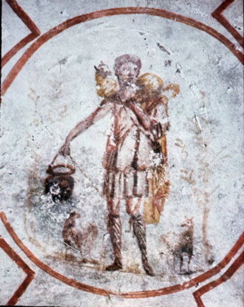 <p>-metaphor for Christ, not a representation</p><p>-Late Antique and Early Christian Art (Catacomb Art)</p>