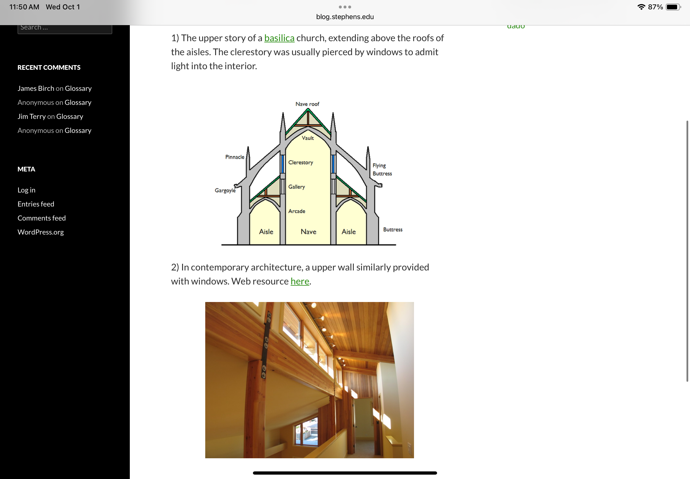 <ol><li><p>the upper story of the basilica church, extending above the roofs of the aisles. The clerestory was usually pierced by windows to admit light into the interior. </p></li><li><p>In contemporary architecture, a upper wall similarly provided with windows</p></li></ol><p></p>