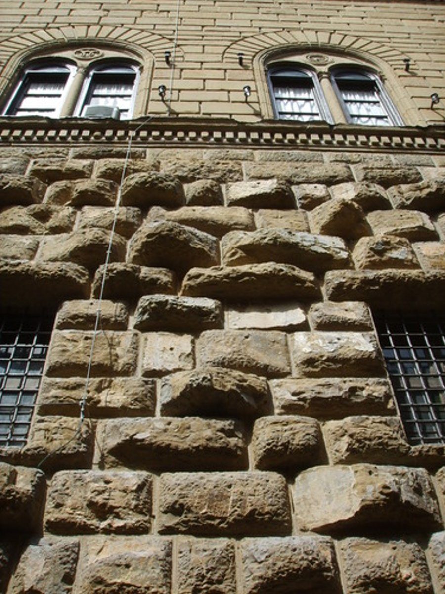 <p>made of stone that are typically rough and raised off the wall surface; first used on the ground floors of Renaissance palaces to make them look impenetrable</p>