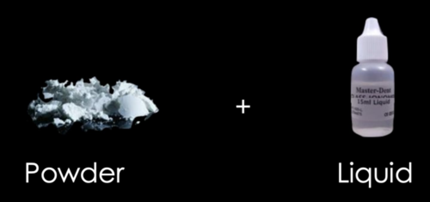 <p>Powder: FluoroAluminoSilicate (FAS) Glass</p><p>Liquid: Aqueous solution of Polyacrylic acid</p><ul><li><p>manual mixing previously but now in a capsule form</p></li></ul><p></p>