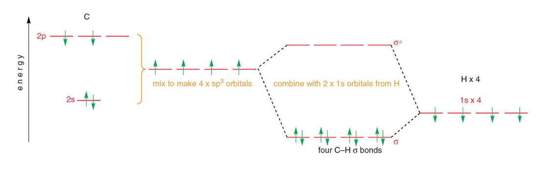 <p>There are 4 sp<sup>3</sup> hybridised orbitals, and the overall structure exhibits ¼ S character, and ¾ P character.</p>