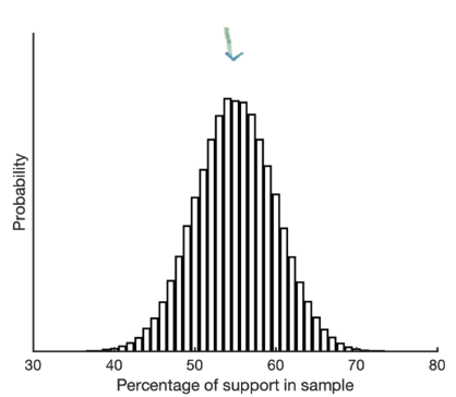 <ul><li><p><span style="background-color: transparent;"><span>Let’s assume that the 55% is the true level of support in a population</span></span></p></li><li><p><span style="background-color: transparent;"><span>Assume you repeatedly sample 100 people</span></span></p></li><li><p><span style="background-color: transparent;"><span>Histogram: with samples of 100 ppl, the outcome varies a lot around the mean (55%). In most samples, we get numbers between 50-60, but occasionally beyond this range</span></span></p></li></ul><p></p>