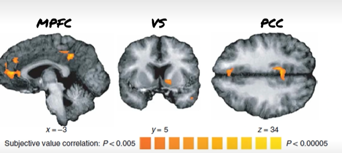 <p>brain activity coorelated with subjective value > data supports conclusion that a single system of brain region capable of represent immediate and delayed outcomes</p><p></p><p>MPFC, VS, PCC represent value of immediate and delayed rewards used by subjects to make decisions, directly against McClure et al. </p><p></p>