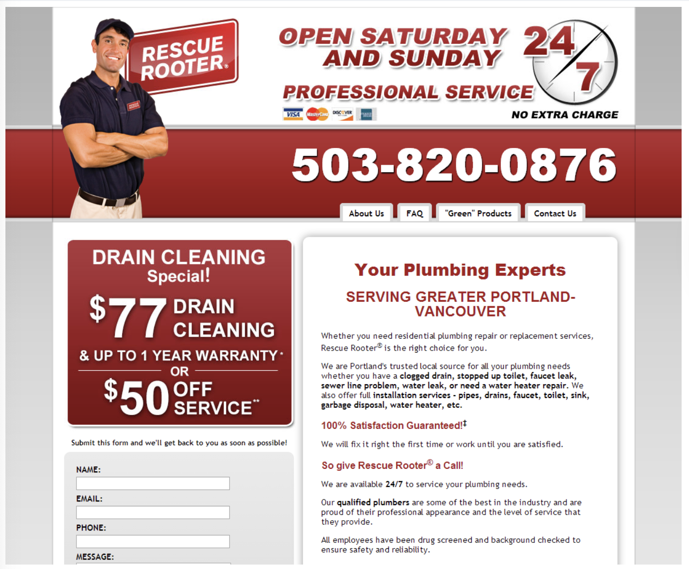 <p>A page that has contact info (e.g. a phone number) and a call to action in a large visible font </p>