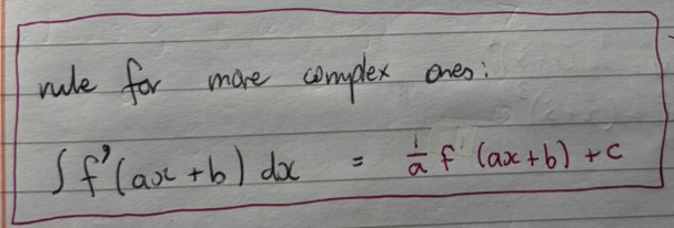 <p>use the <strong>reverse chain rule!</strong></p><p>eg. the integral of cos(2x+3) is 0.5sin(2x+3) + c</p>