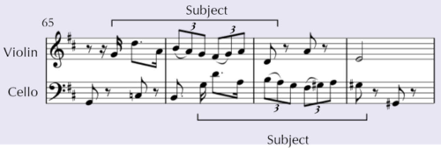 <p>bar 64-68</p><p>instruments: violin, viola &amp; cello</p><p>Fugue subject is <strong>overlapped</strong> i.e. 1 instrument starts playing the subject before the previous 1 is finished</p><p>effect: builds up intensity of texture</p>