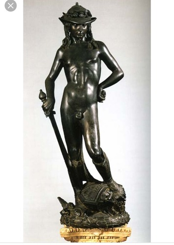 <p>Believed this statue would have been set out in the ___ courtyard. Made of bronze, life-sized. David is a patron and protector of Florence, Gloiath’s head lays at his feet. This figure is heroically nude, one of the first nude figures seen since ancient Greece. In contrapposto, hat has a laurel wreath. He carried Goliath’s sword, his slingshot is in his left hand.&nbsp;</p>