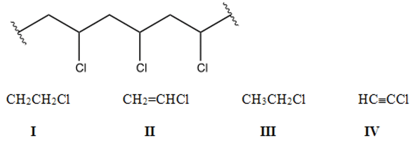 <p>Identify the monomer used to make the following polymer.</p><p>A) I B) II C) III D) IV</p>
