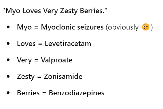 <p>levetiracetam, valproate, zonisamide, benzos</p>