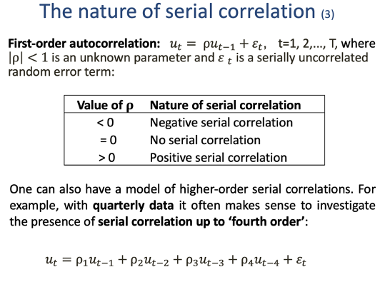 <p>If corr(u<sub>t </sub>, u<sub>t-k</sub> ) ≠ 0 for at some k, → serial correlation</p>