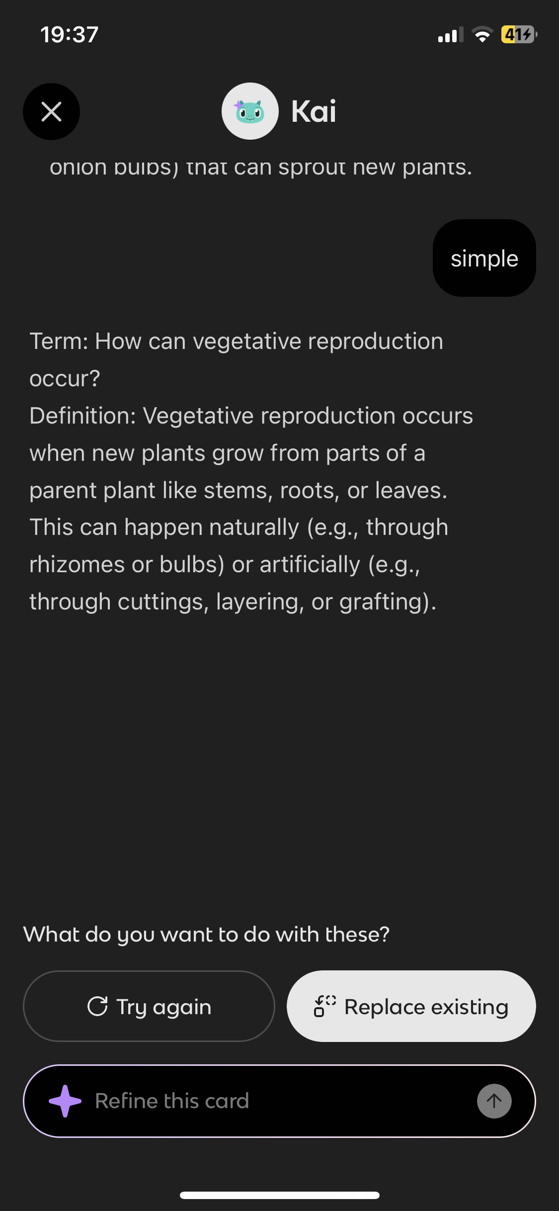 <p>Occurs when new plants grow from parts of parent plants like root, stems,leaves; can occur naturally or artificially </p>