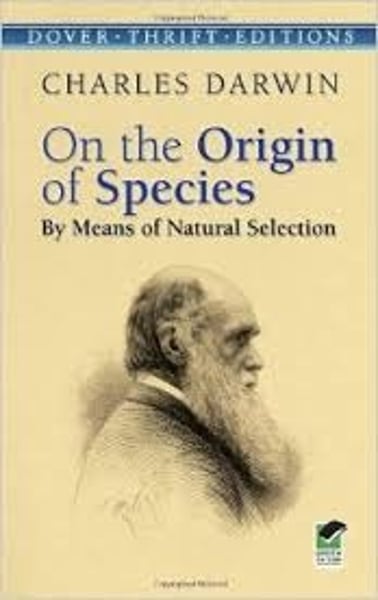 <p>Darwin's book explaining how various species evolve over time and only those with advantages can survive and reproduce</p>