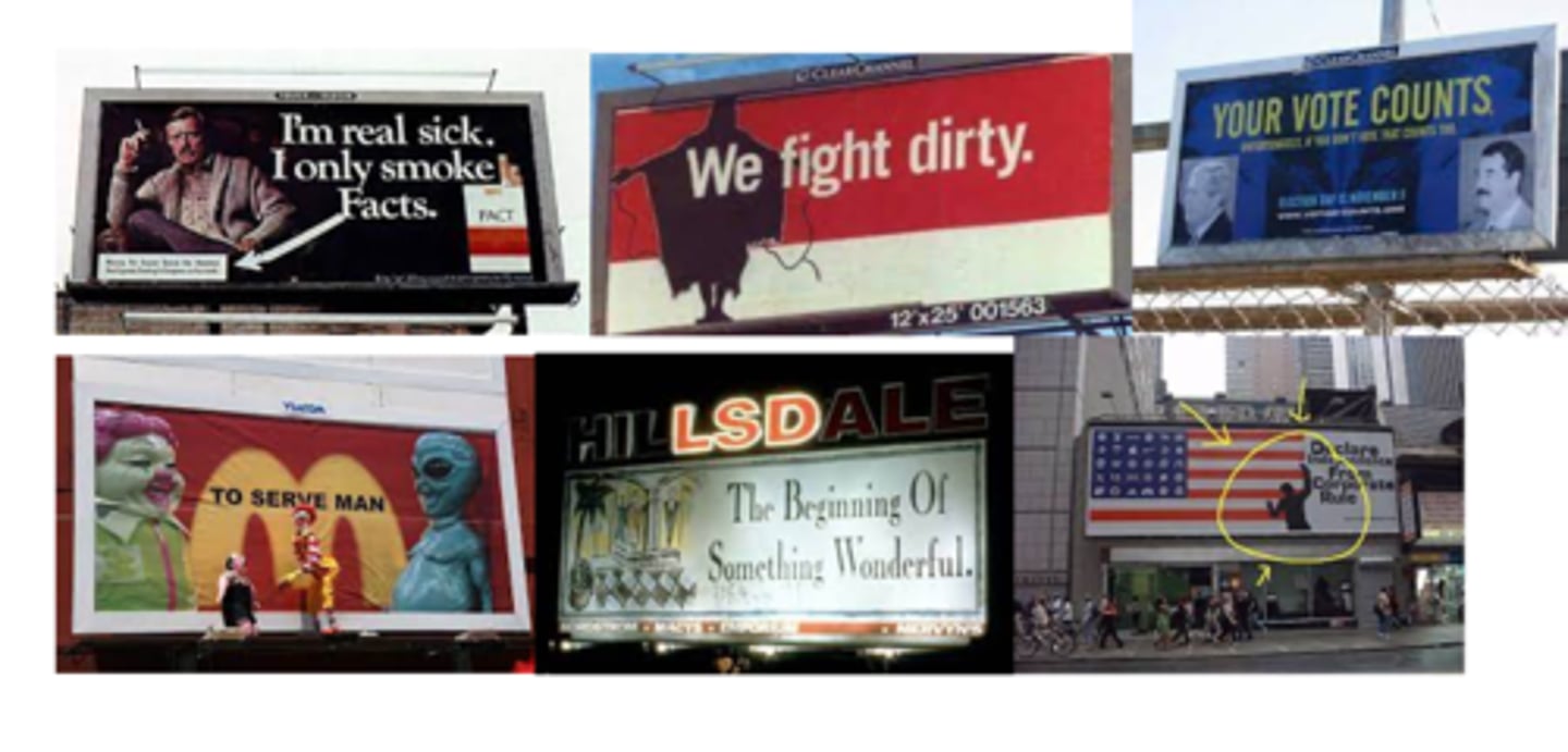 <p>Subverts commercial billboards with anti corporate messages ("subvertising")</p>