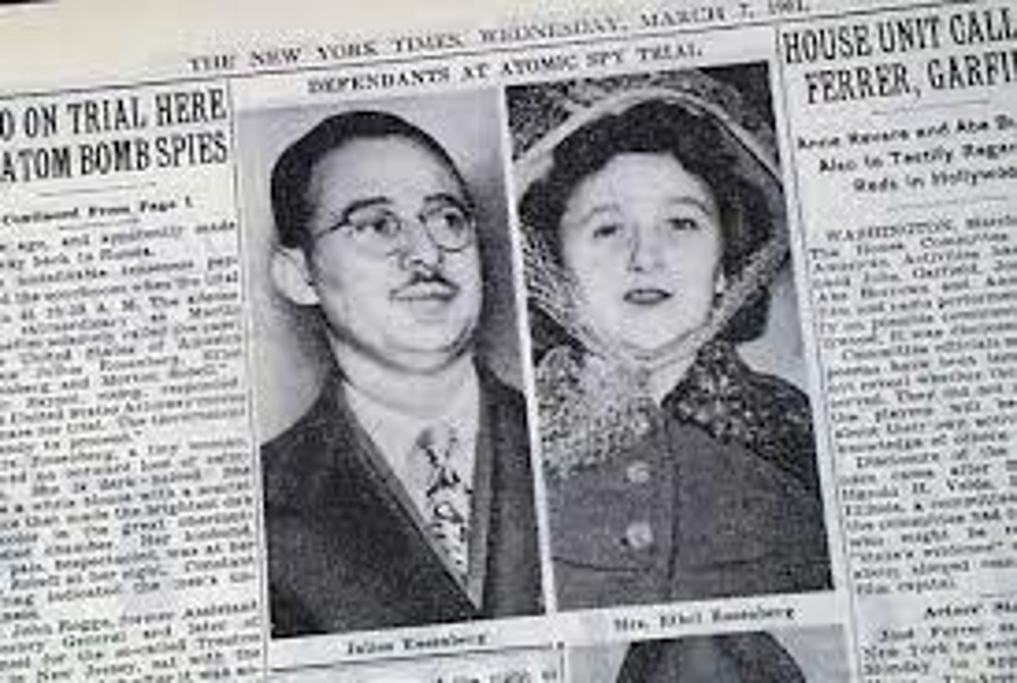 <p>Husband and wife tried/executed for treason under suspicion of communist influence and trading atomic bomb secrets with the Soviet Union</p>