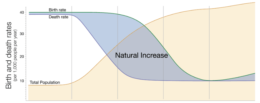 <p>The pattern of decline in mortality and fertility of a country as a result of social and economic development. A 5-stage population model</p>