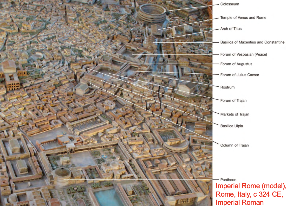 <ul><li><p>building blocks used to house necessary institutions throughout the cities of the provinces.</p></li><li><p>This regularity also created <em>Romanitas – </em>a feeling and identity of “Romanness” spread to many Roman cities throughout the vast territory the empire controlled. This helped Rome govern a vast empire.</p></li></ul><p></p>