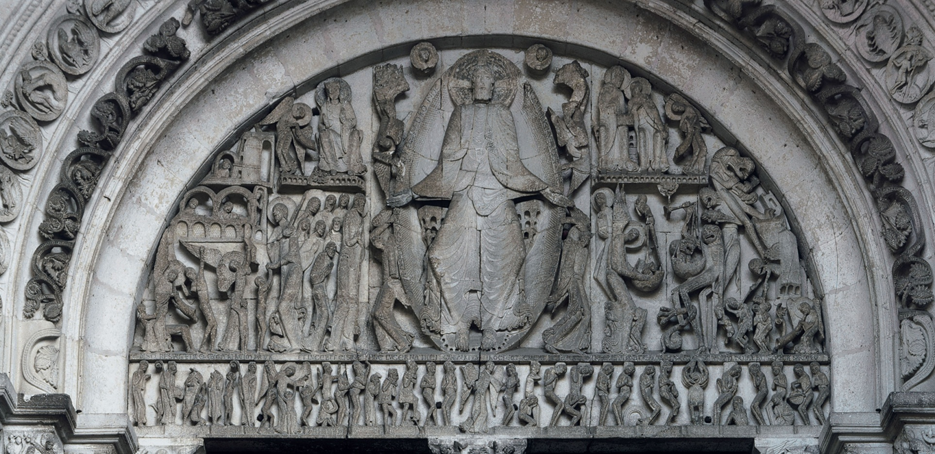 <p>Gislebertus, The Last Judgment, Tympanum, St. Lazare, Autun, France, ca. 1120-1145; 12-1 and 12-4</p>