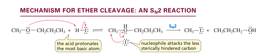 <p>Ethers are cleaved with an Sn1 reaction unless the stability of the carbocation requires it to be an Sn2</p>