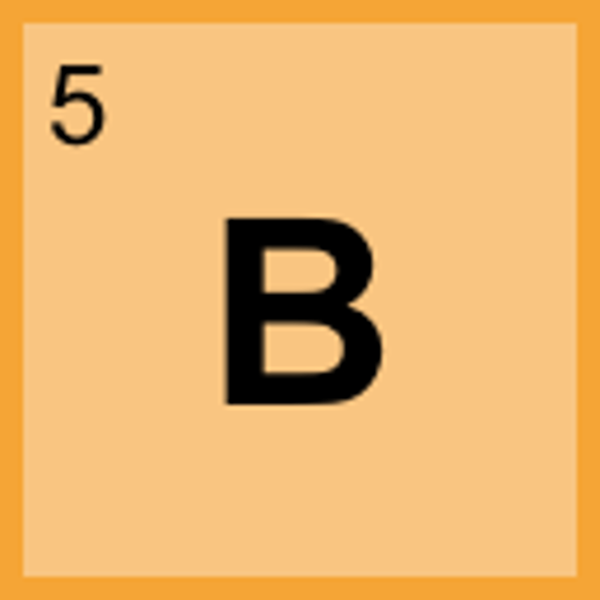 <p>Symbol: B<br>Atomic Mass: 10.81<br>Atomic Number: 5</p>