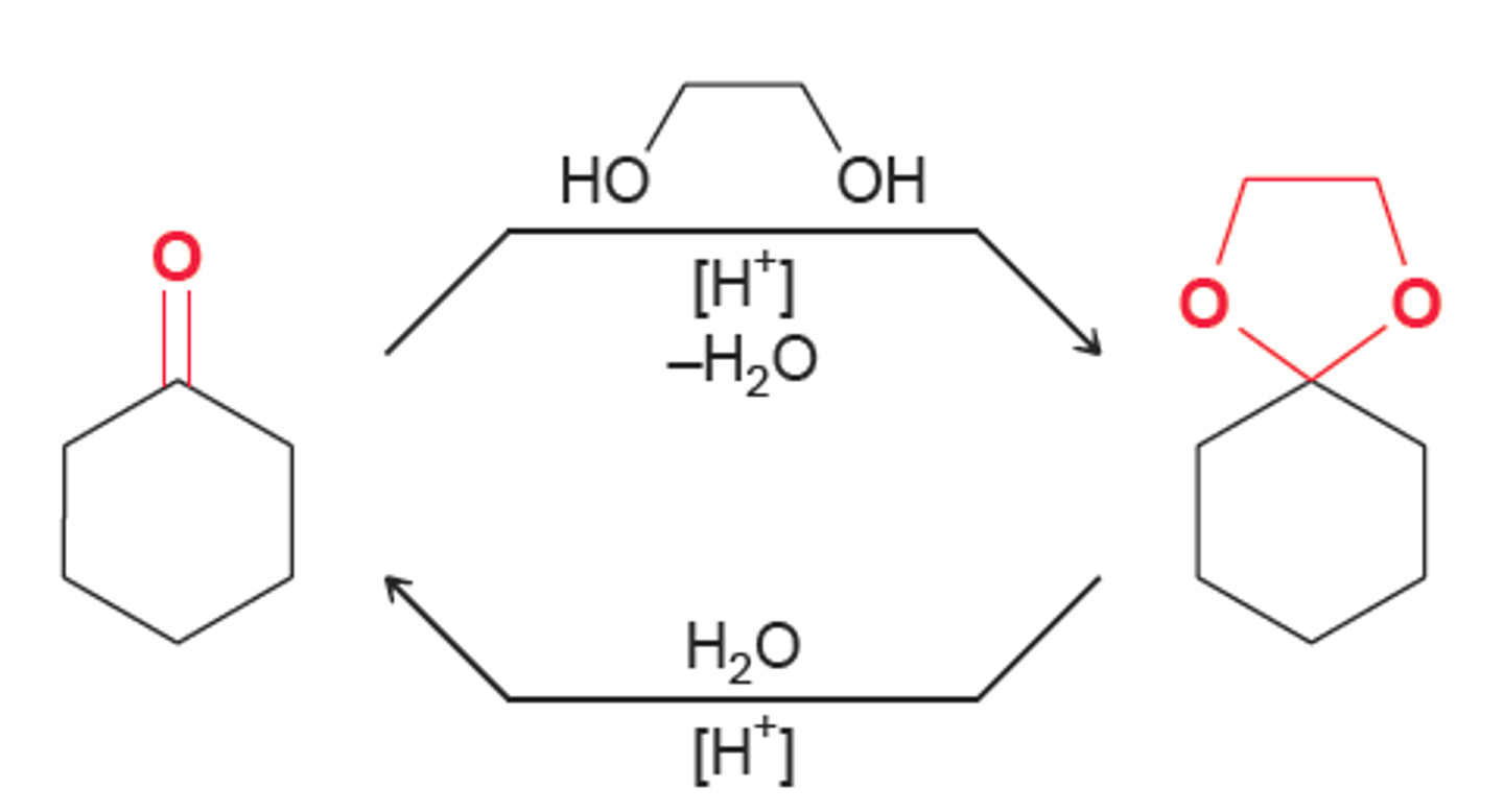 <p>the process of converting an acetal or ketal back to a carbonyl by catalytic acid</p>