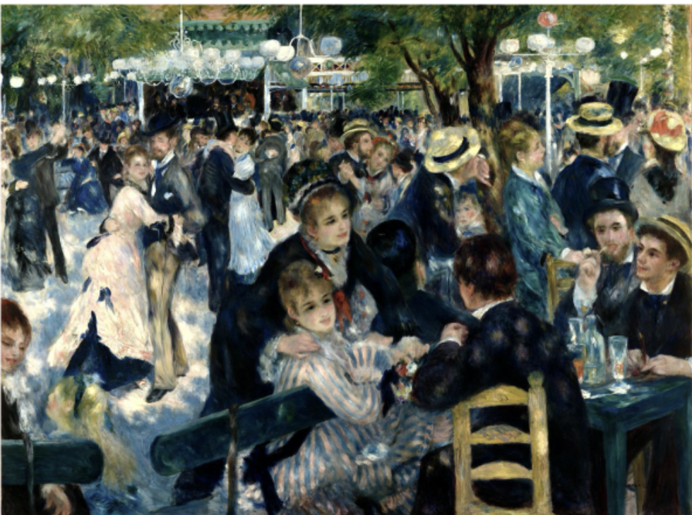 <p>Oil on canvas, Musee d’ Orsay, Paris</p><p>discreet brushwork to capture the effects of sunlight</p><p>wanted to capture the new leisure activities of Paris</p><p>a new famous dance bar and park</p><p>beautifully dressed young couples in the sun, dancing, conversing, drinking</p><p>sunlight through pieces of light and blue shadows</p><p>portraits of his friends</p><p>capture movement of dance and of harmony in the enjoyment of society and company</p><p>a contrast from Manet’s isolating bartender</p>