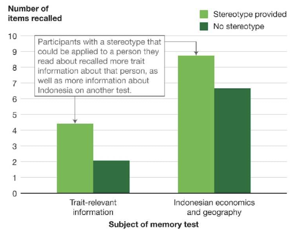 <p>cognitive processes (explicit, implicit) that produce and maintain stereotypes, and how stereotypes in turn affect prejudice and discrimination</p><ul><li><p>stereotypes are inevitable</p></li><li><p>simplify task of taking in and processing volume of stimuli surrounding us (therefore come out more when we are overloaded)</p></li><li><p>illusory correlations and distinctive events</p></li><li><p>more likely to generalize behaviours and traits that they already suspect of a group’s members (those behaviours are then noticed more)</p></li><li><p>explain away exceptions to stereotypes (subtyping)</p></li><li><p>outgroup homogeneity effect, paired distinctiveness </p></li></ul>