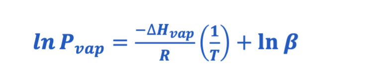 <p><span style="color: #000000">• Used for calculating enthalpy of vaporization of a liquid from its</span><span style="color: #000000"><br></span><span style="color: #000000">vapor pressure at different temperatures</span><span style="color: #000000"><br></span><span style="color: #000000">• Pvap is the vapor pressure in atmospheres, R is the gas law</span><span style="color: #000000"><br></span><span style="color: #000000">constant (8.3145 J/mol · K), T is the temperature in kelvins,</span><span style="color: #000000"><br></span><span style="color: #000000">and β is a constant specific for each liquid.</span></p>