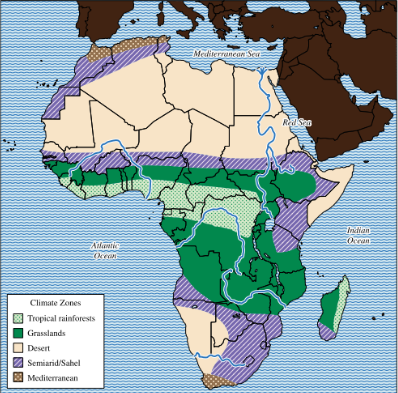 <ol><li><p>Desert (Sahara)</p></li><li><p>Semiarid (Sahel)</p></li><li><p>Savannah <strong>Grasslands</strong></p></li><li><p>Tropical <strong>Rainforest</strong></p></li><li><p><strong>Mediterranean </strong>zones</p></li></ol><p></p><p></p>