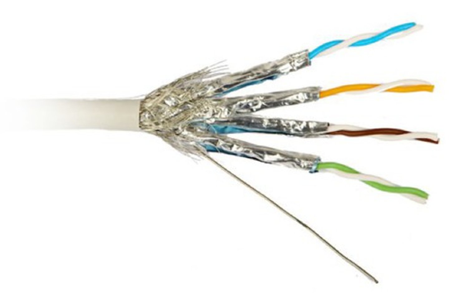 <p>cable consists of twisted wire pairs that are not only individually insulated, but also surrounded by a shielding made of a metallic substance such as foil.</p>