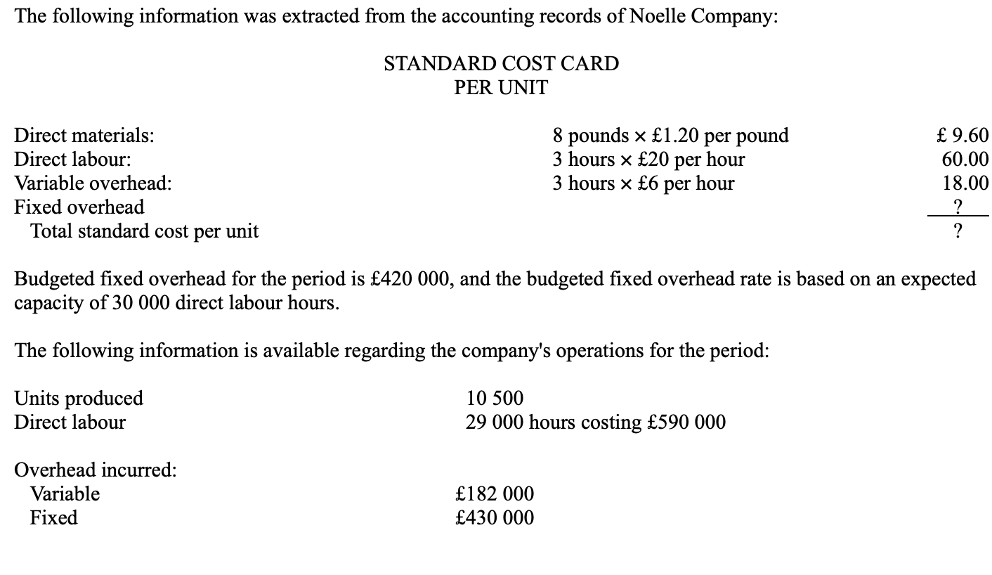 Noelle's standard fixed overhead rate is

* £14.82.
* £14.48.
* £14.34.
* £14.00 \n 