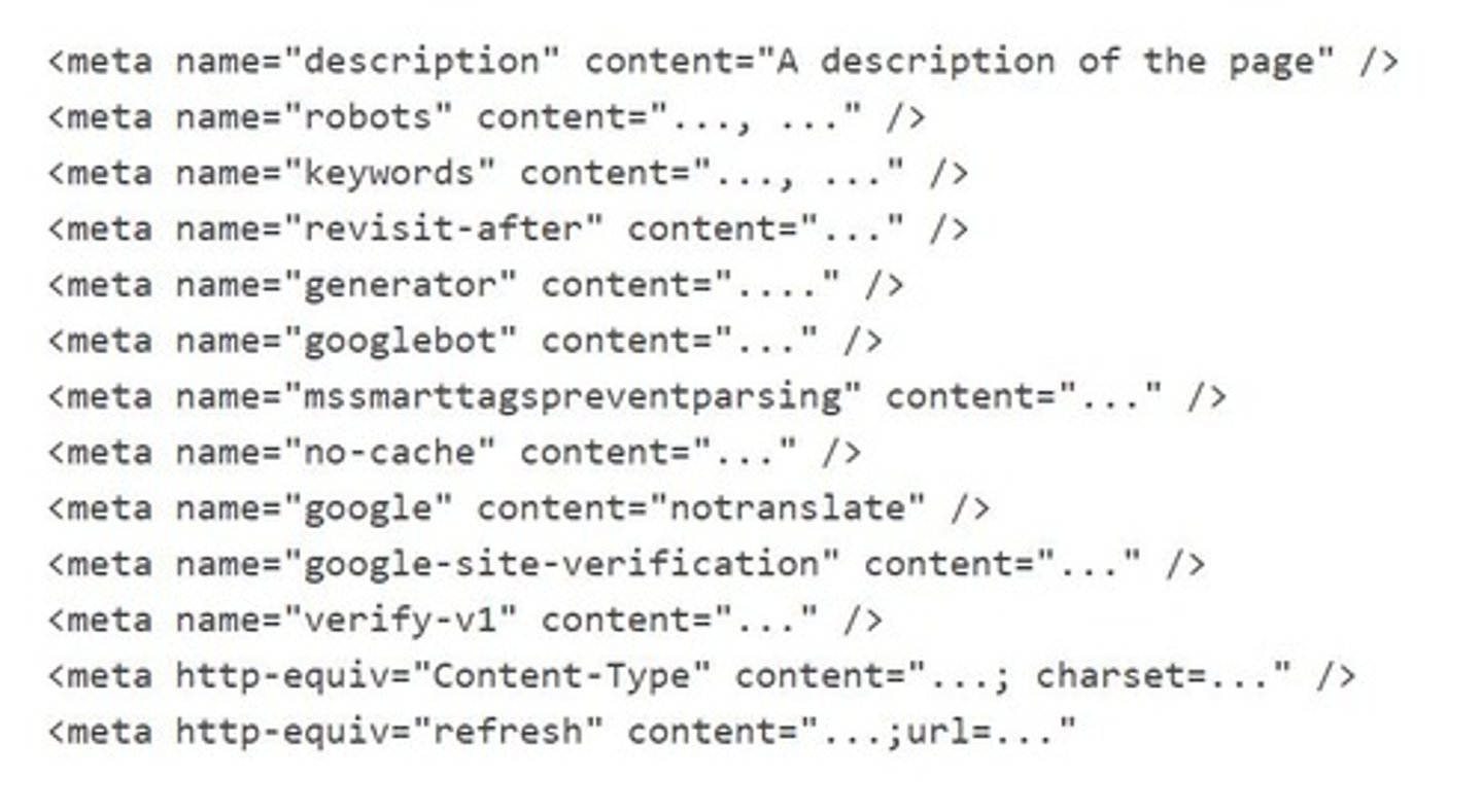 <p>Provides metadata about the HTML document, such as character set and viewport settings.</p>