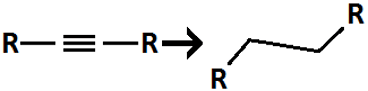 <p>hydrogenation</p><p>internal alkyne to alkane</p>