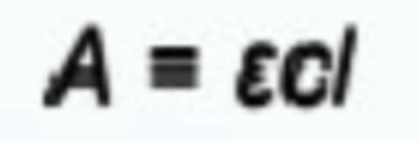 <p>A = absorbance</p><p>c = concentration</p><p>l = path length</p><p>epsilon = extinction coefficient</p>