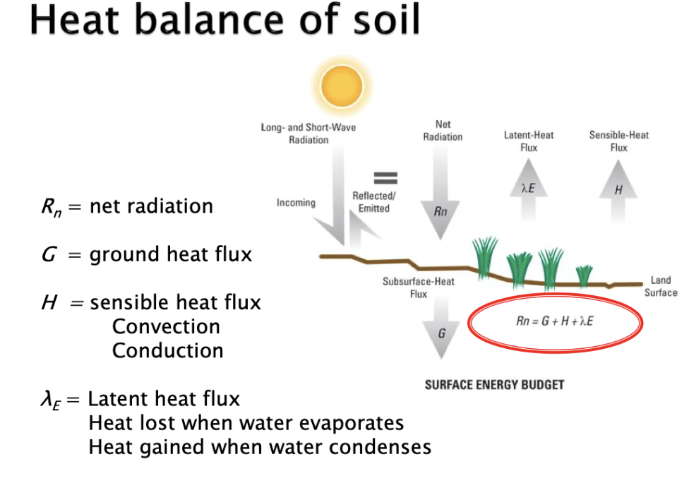 <p>Radiation in = radiation out</p><p>Subtracting heat that is emitted from the atmosphere= net radiation- form of input into the soil</p><p>G= heat is transferred from top soil to deeper soil layers</p><p>&nbsp;Sensible heat flux= through soil profile and convection- loss from soil system</p><p>Latent heat flux- heat loss when something evapourates or gained when water condenses</p>