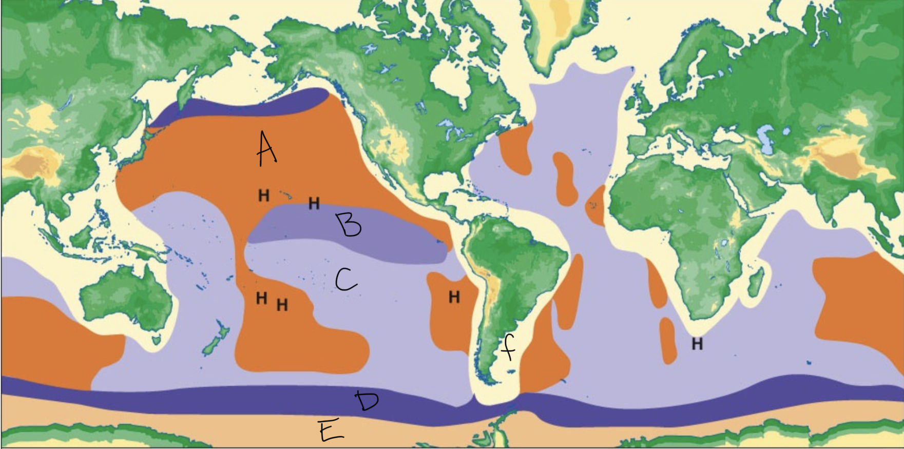 <p>A= pelagic clays</p><p>B= siliceous radiolarian oozes</p><p>C= calcareous oozes</p><p>D= siliceous diatom oozes</p><p>E= glacial-marine sediments</p><p>F= continental margin sediments</p>