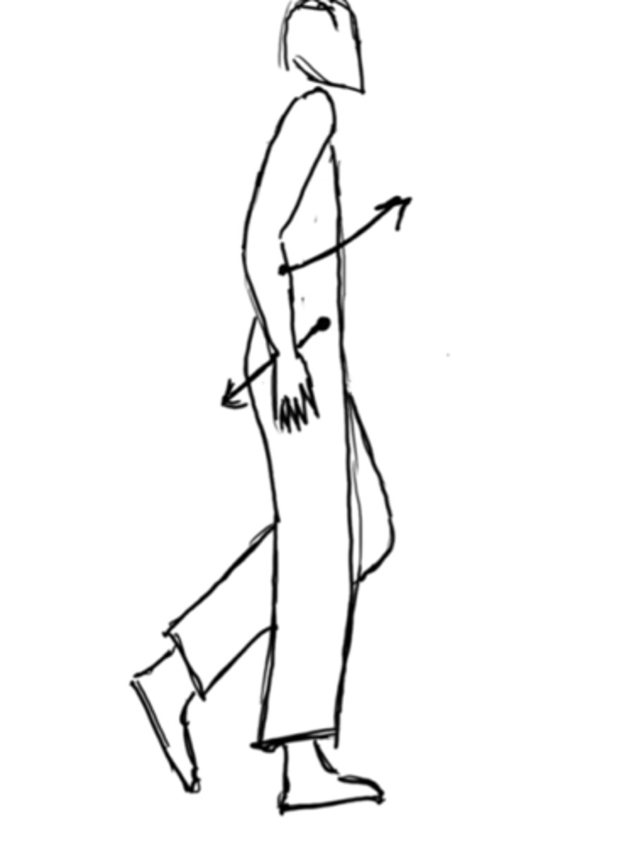 <p>During stance phase of the gait cycle, the arm moves forward, in the same direction as the opposite swing limb. The pelvis moves in a downward and back motion, also known as retraction of the pelvis. This is a triplanar motion.</p>