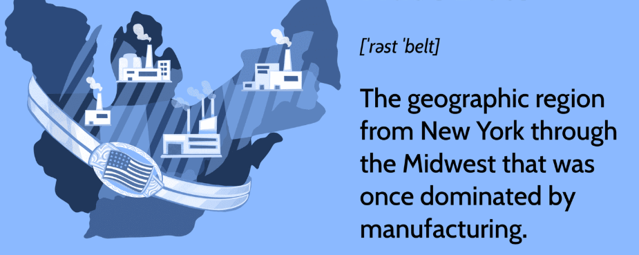 <p>a region in the northeastern and midwestern United States that experienced significant industrial decline and economic downturn since the late 20th century. This area, once known for its booming manufacturing industry, now faces issues like factory closures, job losses, and urban decay, highlighting the shifts in industries and manufacturing practices within the country.</p>