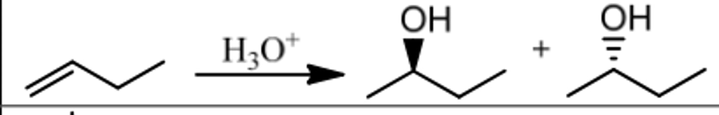 <p>Reagents: H₃O⁺</p><p>What's Added: H⁺ &amp; OH⁻</p><p>Regioselectivity: Markovnikov</p><p>Sterioselectivity: -</p><p>Intermediate: Carbocation</p><p>Rearrangements: Possible</p>